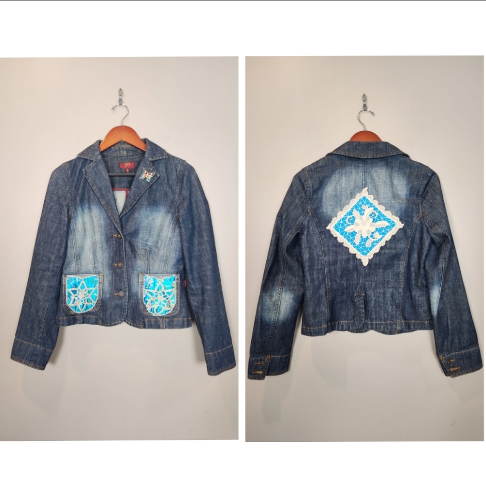 Oasis Denim Jacket With Handmade Applique and Butterfly Pin Size 12